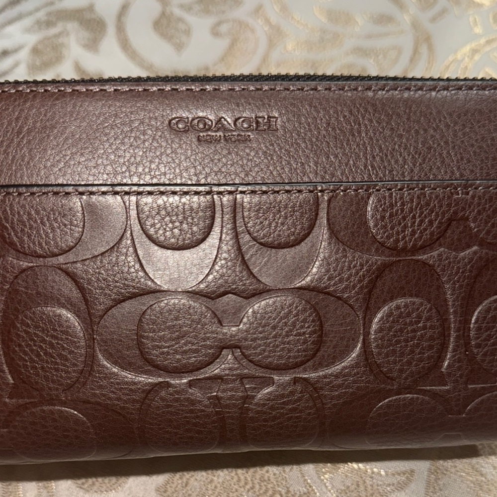Coach Embossed Accordn Signature Leather Wallet - Dark Brown - Picture 10 of 11